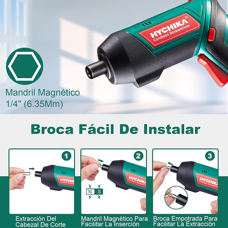 HYCHIKA Destornillador Eléctrico 6N.m, Atornillador Eléctrico Inalámbrico 3.6v Batería 2000mAh (Máximo Par 6 N.m) LED Luz, Mandril Magnétic, Cable USB, 20 Accesorios