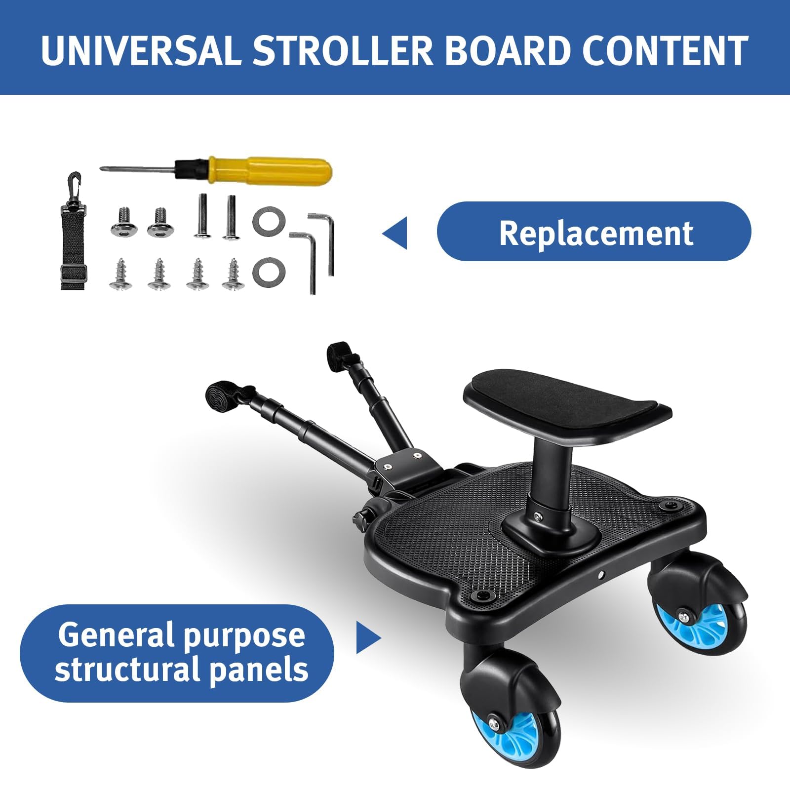 Universal Stroller Board with Detachable Seat - 2 in 1 Sit and Stand Stroller Standing Board for Most Brands of Strollers Holds Children up to 55lbs-Blue