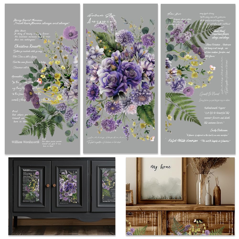 INFUNLY 3 Sheets Purple Flower Rub On Transfers 5.9"×11.8" Lavender Wisteria Vintage Furniture Decals Floral Rub On Stickers For Wood Glass Scrapbook DIY