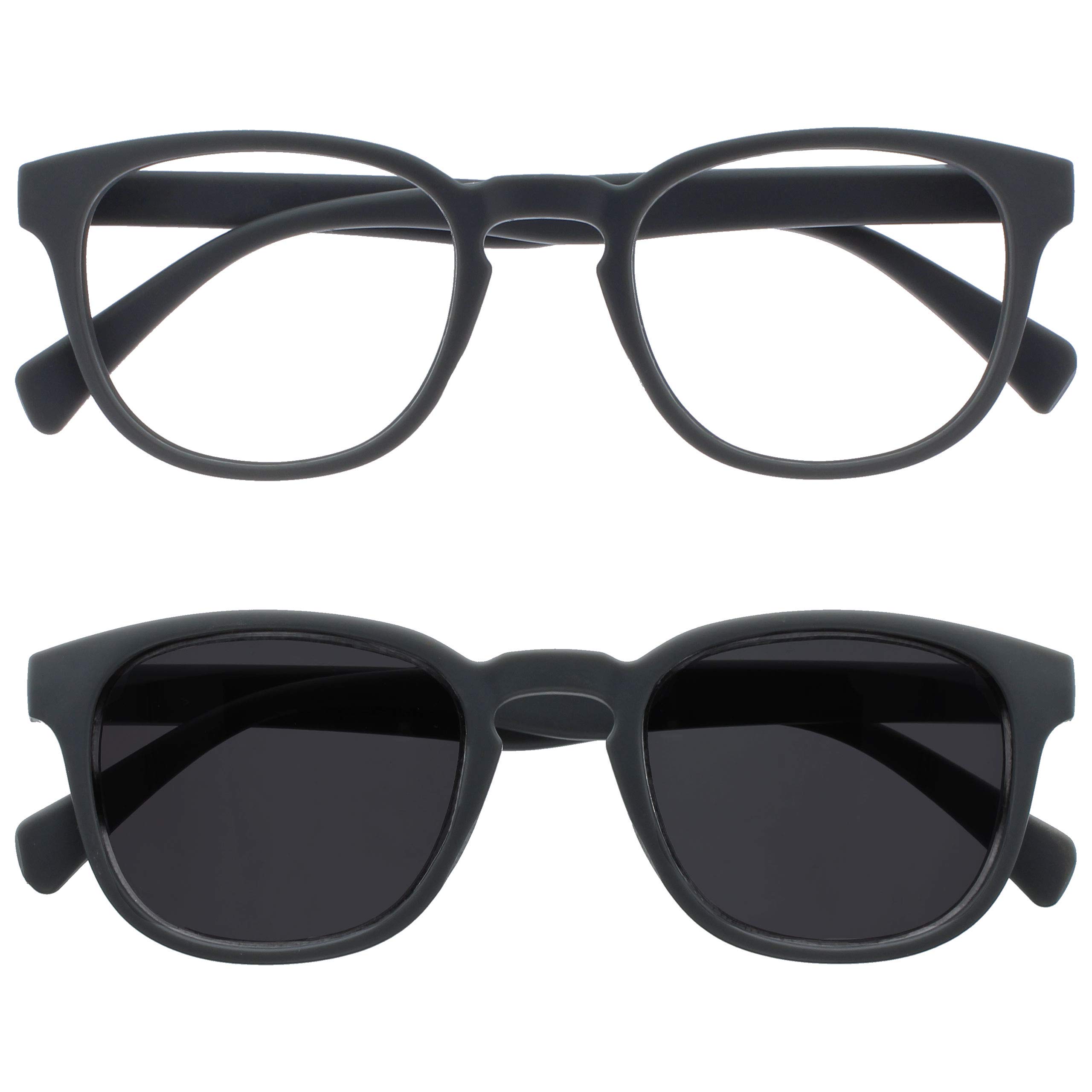 OPULIZE POP Reading Glasses and Reading SunGlasses for Women Men,Retro Round, Smooth Matt Grey, Grey Sun +1.50 (Pack of 2)