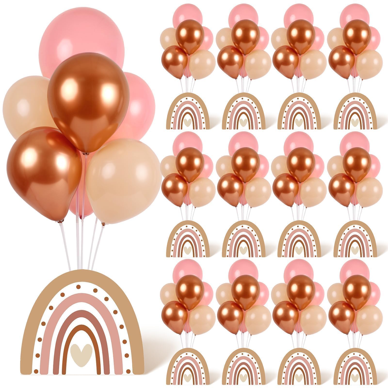 Photo 1 of 12 Sets Boho Rainbow Baby Shower Balloon Stand Kit for Table Boho Centerpieces with Balloon 3D Rainbow Party Decorations for Boys Girls Birthday Party Supplies