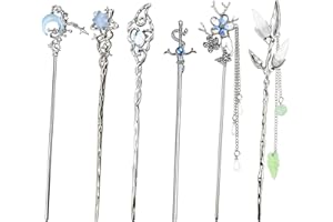 ARVINTAS 6PCS Star Moon Hair Sticks for Buns Long Hair Chinese Hanfu Asian Vintage Hair Chopsticks Metal Silver Hair Bun Updo Holders Long Hairpins for Women Girls