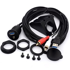 USB RCA Flush Mount Cable- USB 3.0 & 3.5mm AUX 2 RCA Male to USB and 1/8 Audio Stereo Female Dash Panel Mount Extension Code for Car Bike Boat Motor (2 Meter/ 6 Feet)