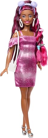 Barbie Fun & Fancy Hair Doll Extra-Long Colorful Hair Pink Dress 10 Accessories