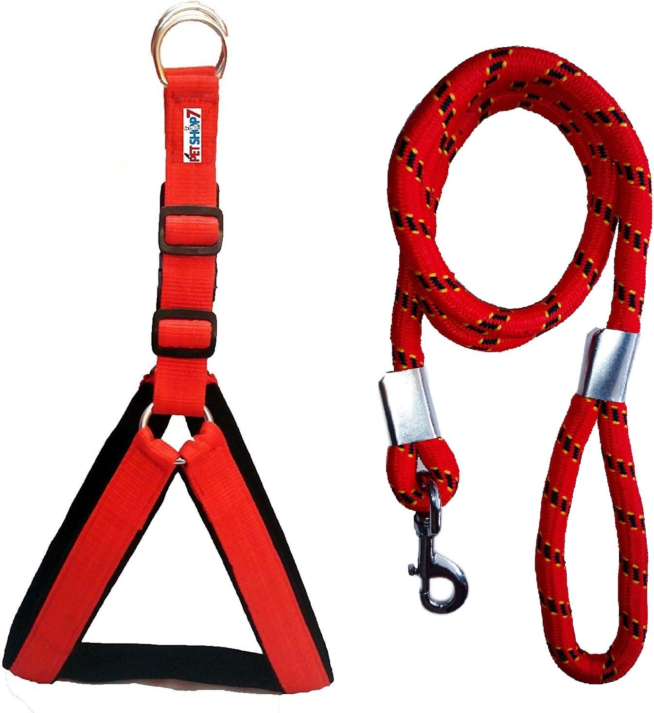 Petshop7 Nylon Padded Red Adjustable Dog Harness & Dog Leash Rope 1.25 Inch for Large Pet (Chest Size : 30-35)
