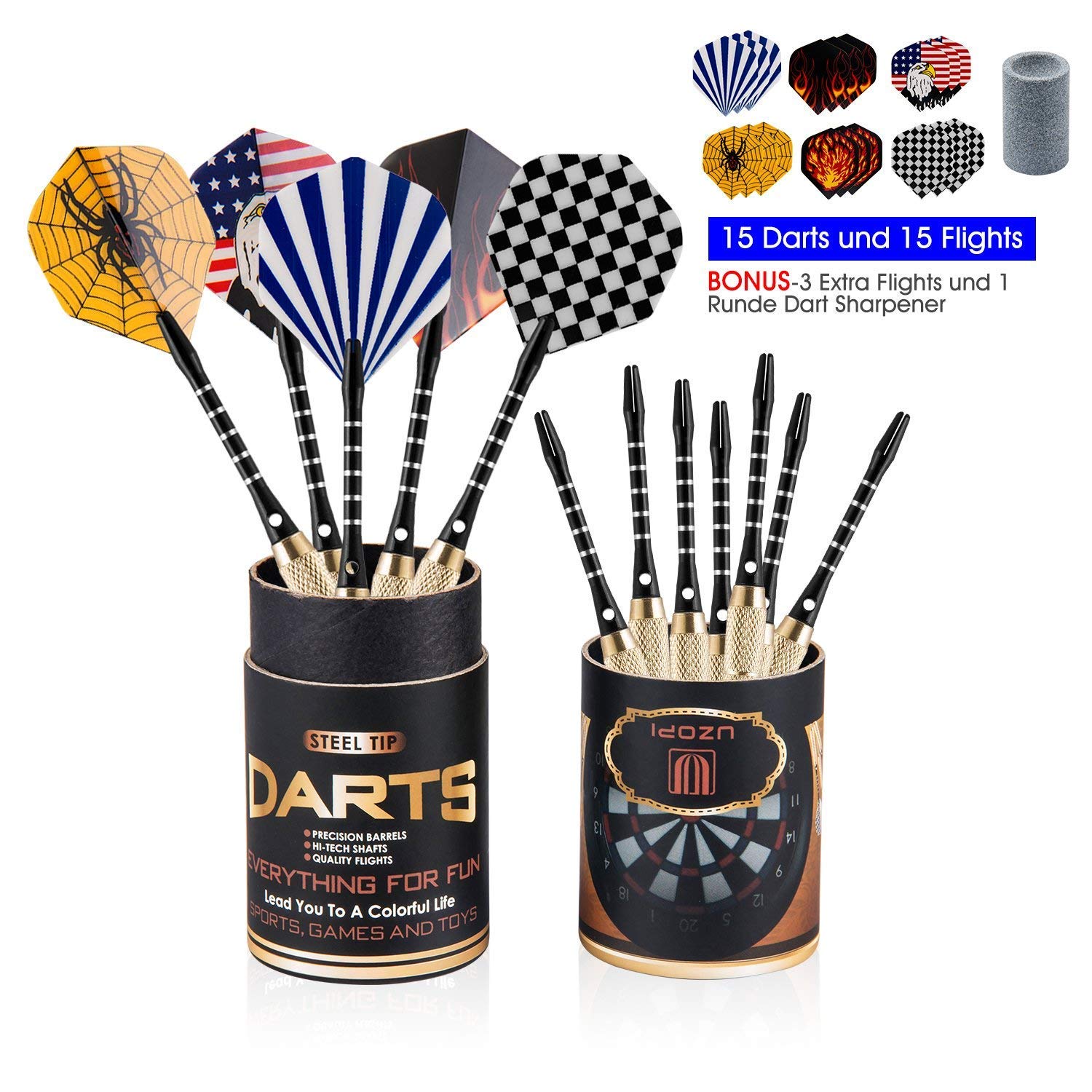 Freccette Steel, 15 Pezzi 18g Dardo Punta in Acciaio con Dart Sharpener e 3 Voli Extra per Professionisti o Principianti VOOKI