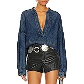 Women's Denim Pullover Deep V Neck Long Sleeve Raw Hem Loose Fit Casual Jean Tops