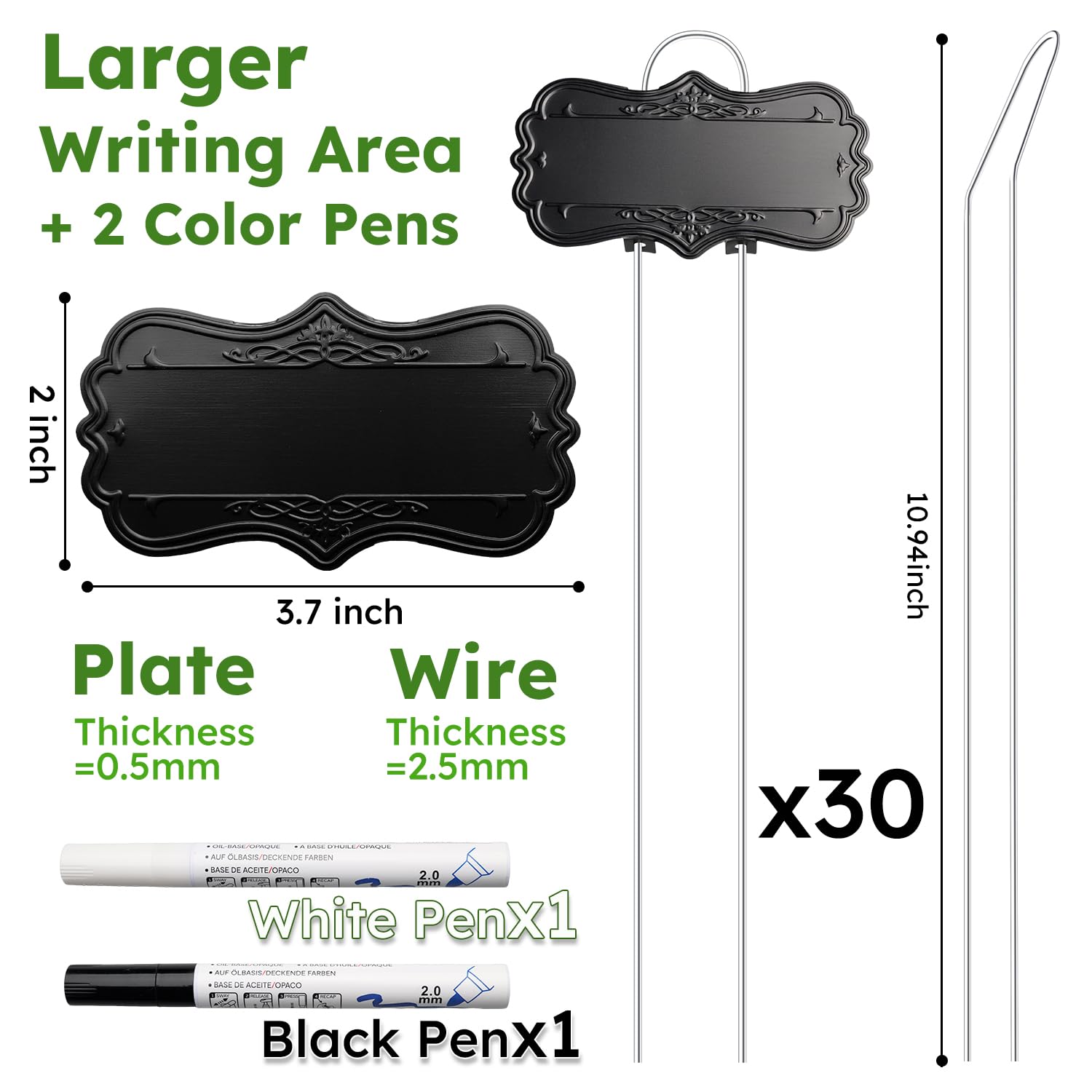 IKSII 30 Pack Metal Plant Tags,Waterproof Plant Labels Garden Tags for Plants Outdoor with 2 Pens,Larger Area 3.7