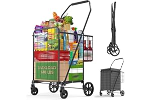 Folding Shopping Cart, Portable Heavy Duty Trolley with Swivel Wheels, Lightweight Double Basket Grocery Carts for Laundry, L