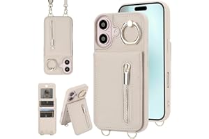 Jcxtrombulous Crossbody Wallet Case for iPhone 16 with Lanyard Strap Card Slot Holder RFID Blocking Ring Kickstand,Magnetic Flip Folio Zipper Purse Case, PU Leather Cover Handbag,Beige