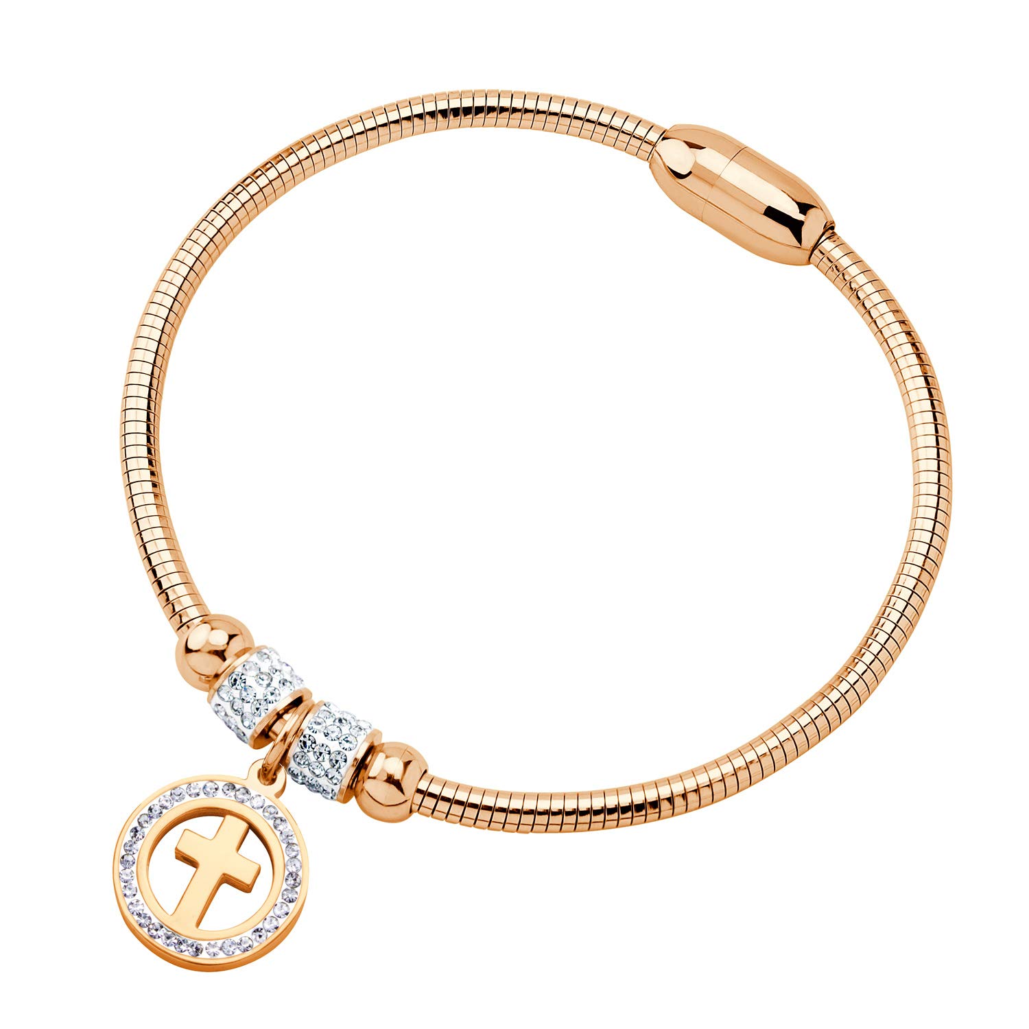555Jewelry Snake Chain CZ Cross Charm Bracelet for Women, Magnetic Clasp, L, Metal, Cubic Zirconia