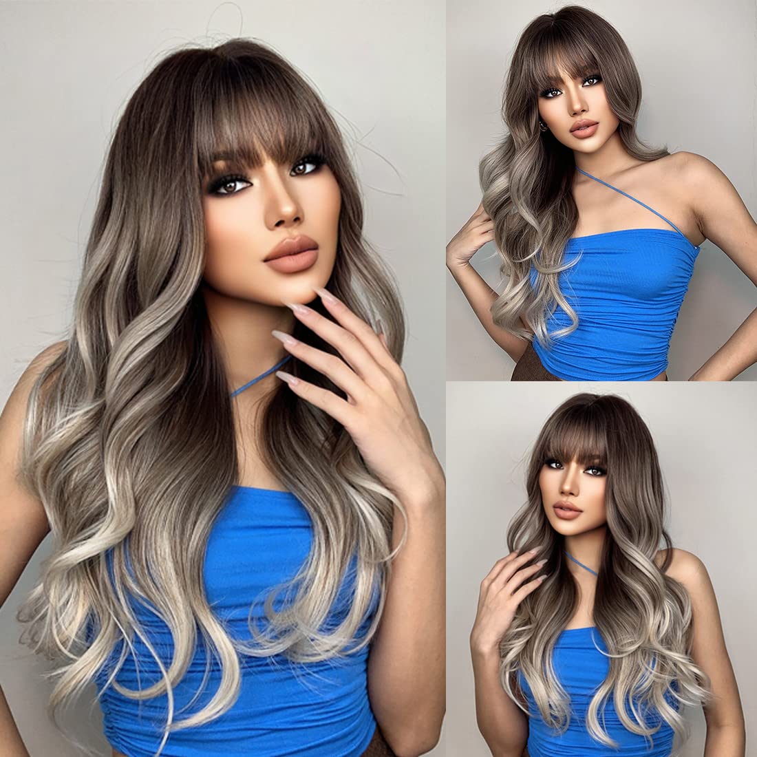 Photo 1 of JOOLER Ombre Blonde Wig with Bangs Long Ombre Brown and Blonde Wigs for Women Synthetic Wavy Ash Blonde Wigs for Daily Party 24 Inch Cosplay