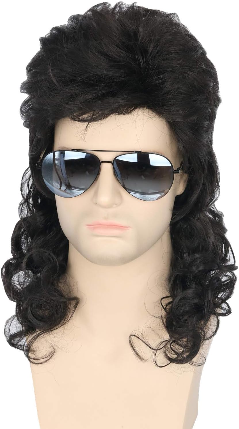 Topcosplay Mens Wigs 80s Mullet Wig Black Curly Male Redneck Wig