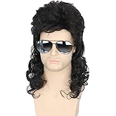Topcosplay Men's 80s Mullet Wig - Black Curly Male Wig for Halloween Costumes, Punk Rocker Style
