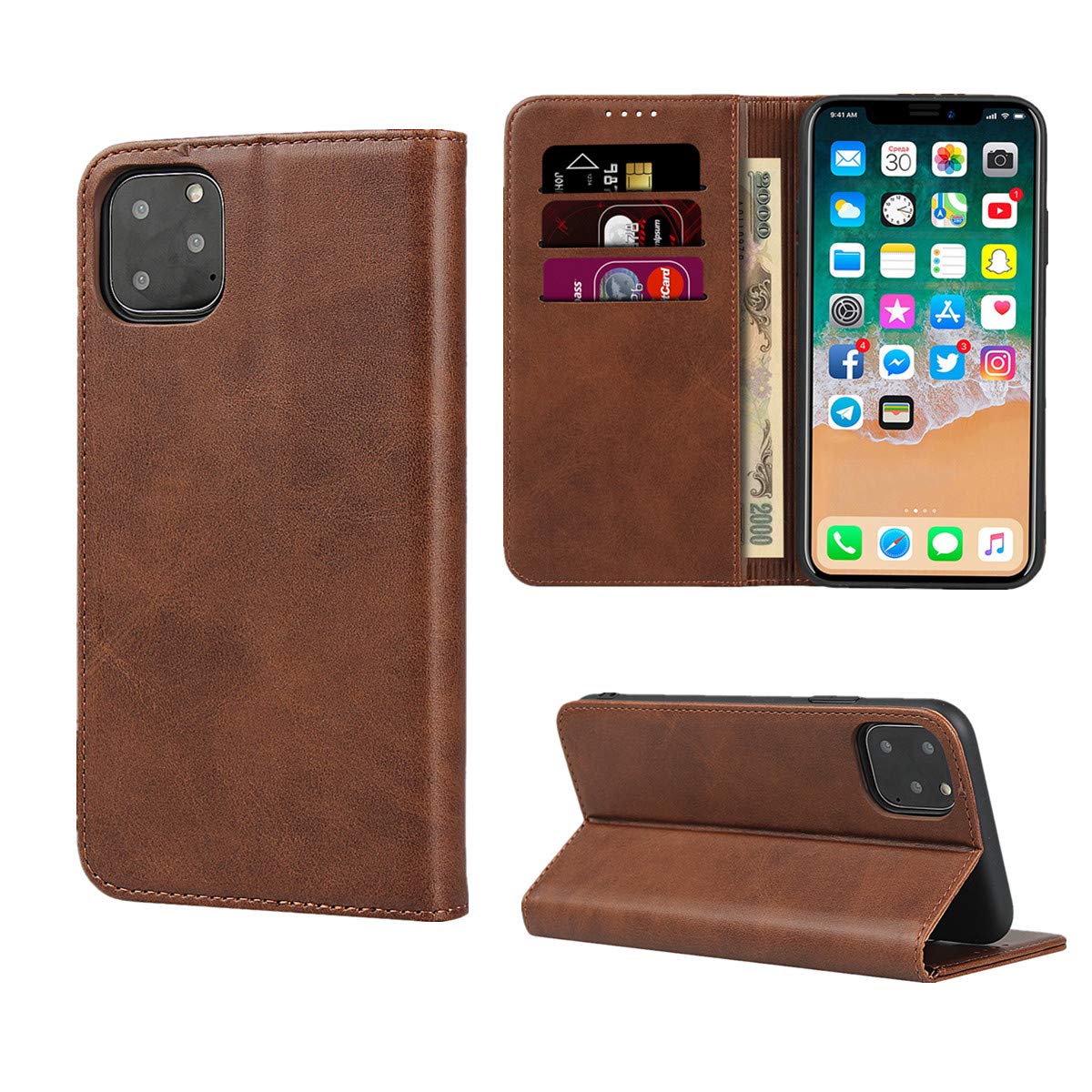 Copmob iPhone 11 Pro Case, Premium Flip Wallet Case, Faux Leather, Dark Brown, Magnetic Closure, 4 Card Slots, Stand Function