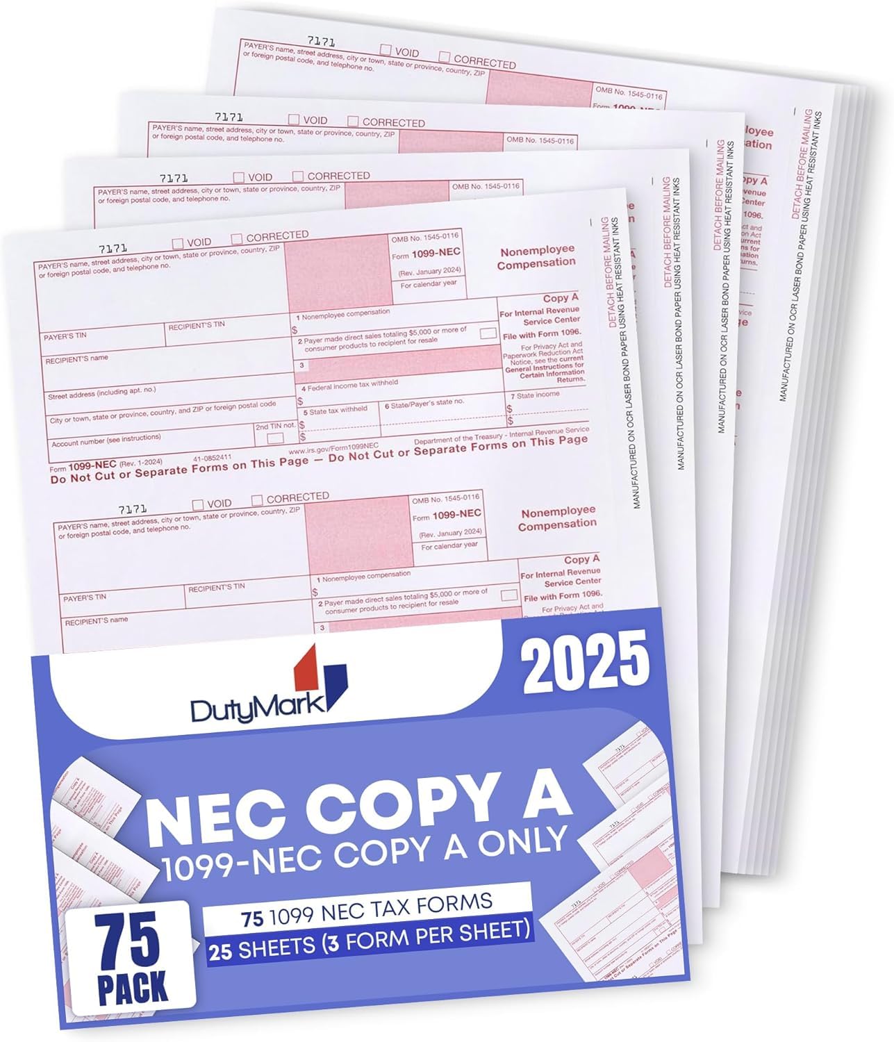 Photo 1 of 1099 NEC Copy A Forms, 25 Federal Income Laser Tax Forms, Use with 2025 1099 NEC Forms, RED Copy A ONLY, 25 forms-9 sheets 2025
