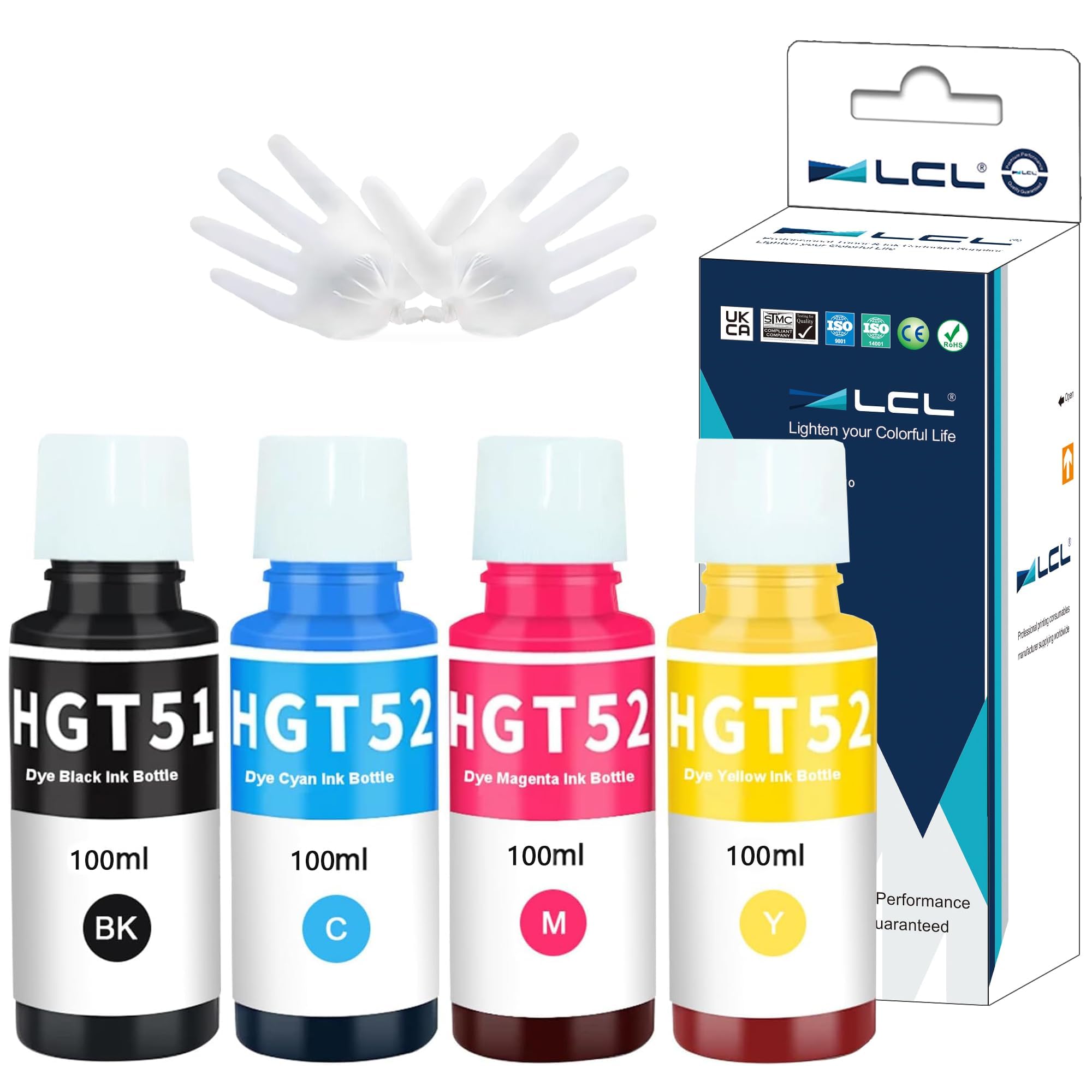 LCL Ink Bottle GT51 GT52 (4PK KCMY) Compatible for HP DeskJet GT5810 5820 5811 5821 5822 Ink Tank 118 310 311 315 318 319 410 411 415 416 418 419 HP ink tank 315 415 416 ImagePrograf TA-30