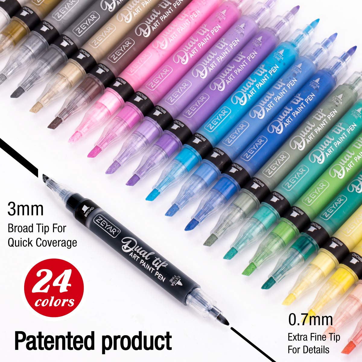 ZEYAR Dual Tip Acrylic Paint Pens 24 Colors, Board and Extra Fine Tips, Patented Product, AP Certified, Waterproof Ink, Works on Rock, Wood, Glass, Metal, Ceramic and More (24 Colors)