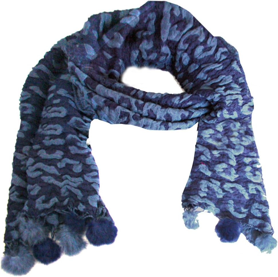 Bedazzled women ladies navy leopard print woolly scarf with pom pom edges in gift bag