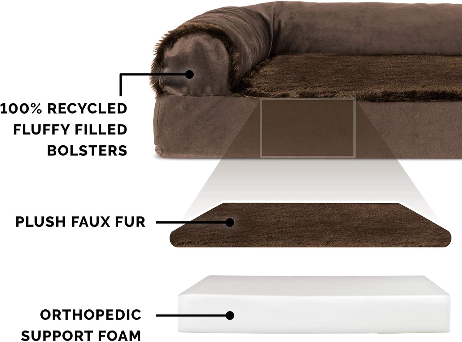 Furhaven Pet Dog Bed - Deluxe Orthopedic Plush Faux Fur and Velvet L Shaped Chaise Lounge Living Room Corner Couch Pet Bed with Removable Cover for Dogs and Cats, Sable Brown, Jumbo Plus : Pet Supplies