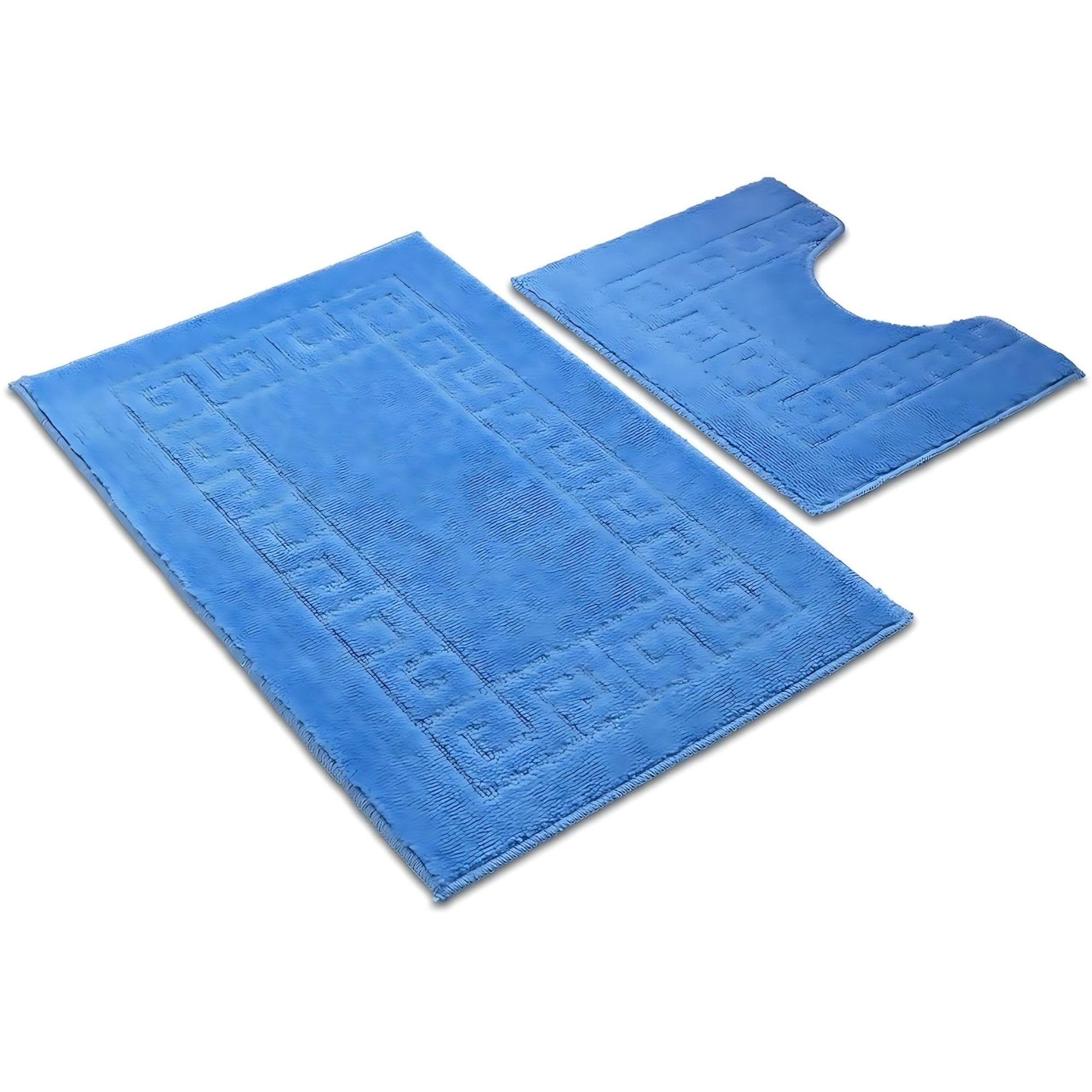 Ambience Products Greek Key Pattern Bath Mats 2 Piece Sets Non Slip Bathroom Mat, Soft Washable Rug Quick Dry Water Absorbent Bathroom Shower Mat & Pedestal Set (Blue)