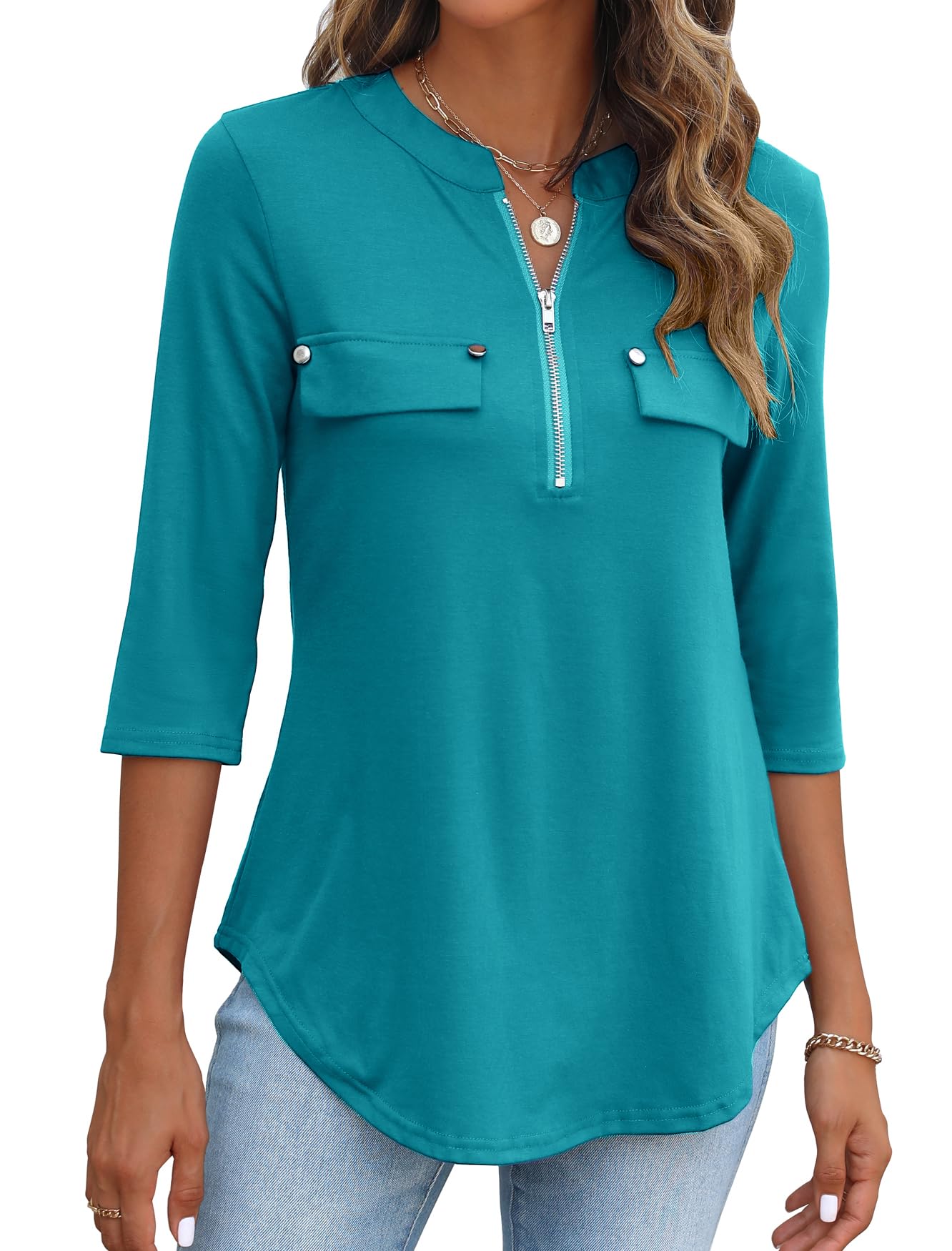 Halife Three Quarter Sleeve Tops Woman V Neck