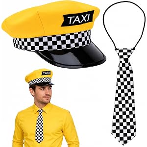 Watayo 2 Pcs Taxi Driver Hat Set, Halloween Taxi Driver Costume Accessiores | Yellow Taxi Outfit for Halloween Cosplay Party
