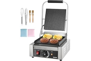 VEVOR Commercial Panini Grill, 1800W Electric Sandwich Panini Maker, Stainless Steel Sandwichs Press Grill with Handle and Temp Control, 8.8x9 in Flat Enamel Plate, for Hamburger Steak Bacon