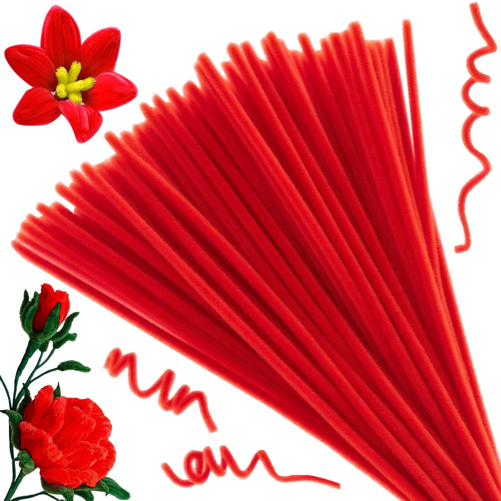 Photo 1 of 100 Pcs Cleaner Crafts, Chenille Flower Trail Pipe Cleaner, Colorful Pipe Cleaner for DIY Handmade Flower Bouquet Packaging and Parties, Creative Home Decoration (Red)