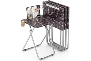 Fleecy day Folding TV Tray Table with Cup Holder, TV Dinner Table with Sturdy MDF Top, Eating Trays with Tablet Slot for Living Room, Bedroom, Sofa (Black Marble, 4Pcs)