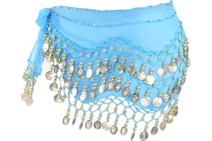 QIYUDA Belly Dance Hip Scarf, Hip Chiffon Scarf Skirt Wrap Costume with Sequins Coins for Yoga Belly Dancing