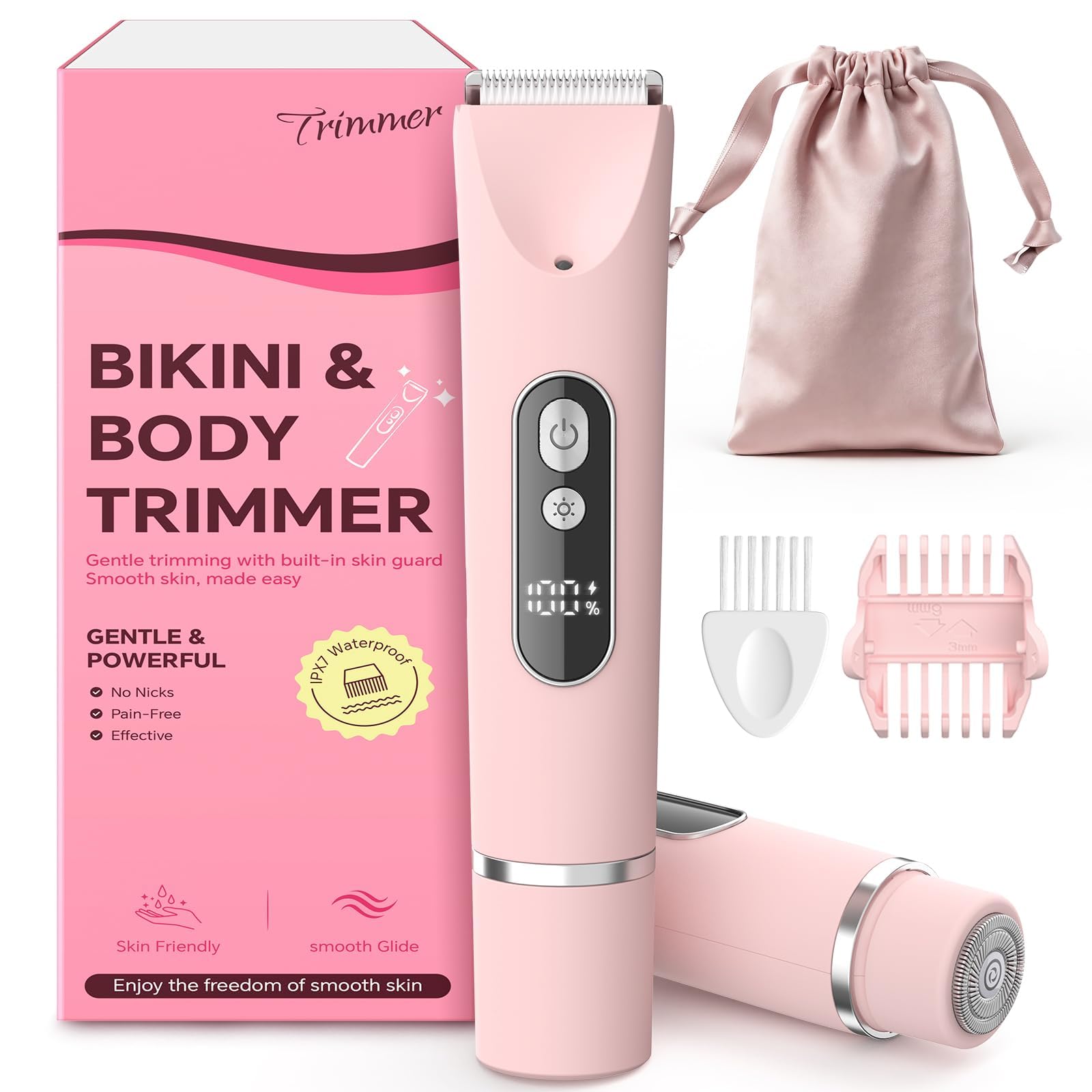 CoolHair Bikini Trimmer for Women,Smooth Electric Razor for Sensitive Skin, IPX7 Waterproof Wet & Dry Cordless Body Shaver & Grooming Set for Bikini Area, Pubic Hair, Face, Underarms & Legs (Pink)