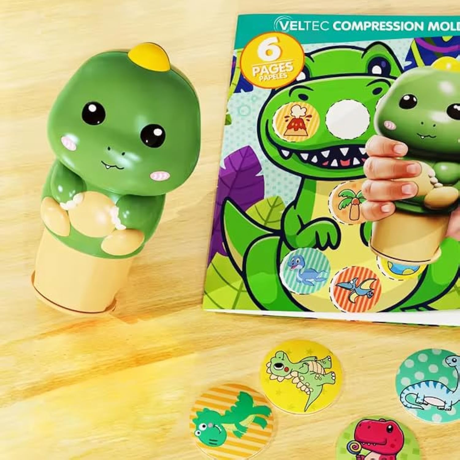 Photo 1 of Veltec Colorful Fun Stickers Stamper, Activity Pad, 100 Stickers and Stamper, Arts and Crafts Fidget Toy Collectible Character - Creative Play Travel Toy for Boys and Girls 3+ (Dinosaur)