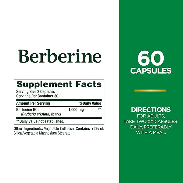 NATURE’S BOUNTY 1000MG BERBERINE HERBAL HEALTH CAPSULES SUPPORT HEART AND CARDIOVASCULAR HEALTH, HELP MAINTAIN HEALTHY CHOLESTEROL, TRIGLYCERIDE, AND BLOOD SUGAR LEVELS, 60 CAPSULES