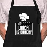 Rosoz Funny BBQ Black Chef Aprons for Men, Mr Goodlookin' is Cookin', Adjustable Kitchen Cooking Aprons with Pocket Waterproof Oil Proof Father’s Day/Birthday