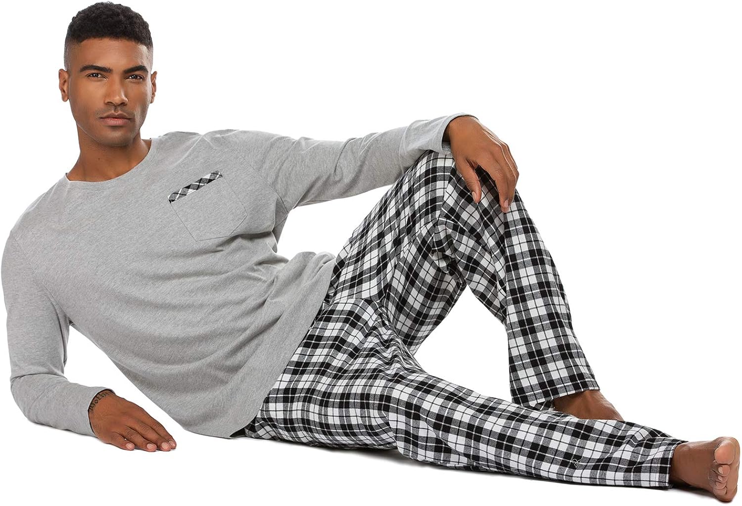 Ekouaer Pajama Set Men's Long Sleeve Sleepwear with Plaid Pants Comfy Pjs Set with Pockets Loose Lounge Set: Clothing