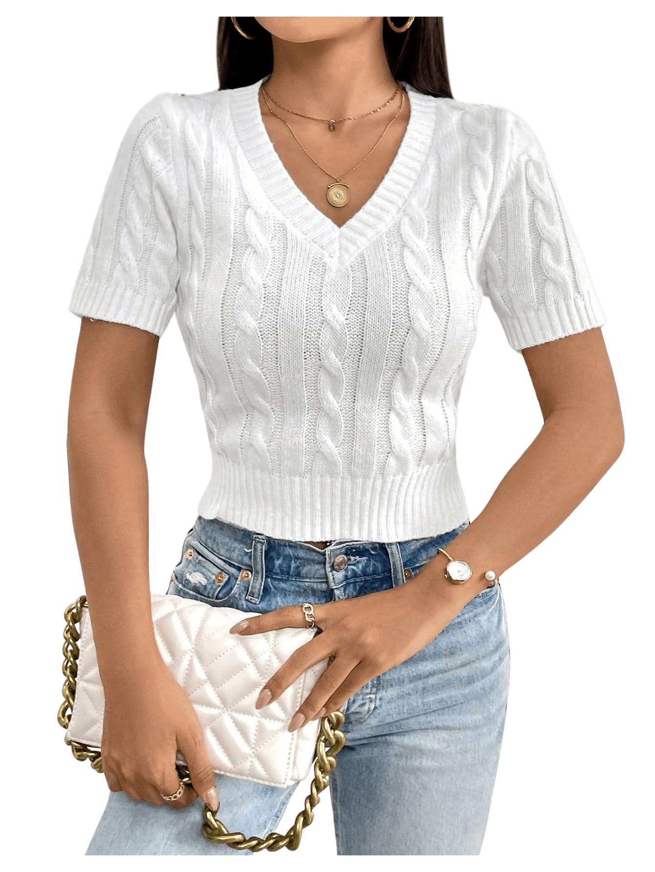 Photo 1 of Floerns Women's Solid Cable Knit V Neck Sweater Short Sleeve Knit Pullover Tops White Large