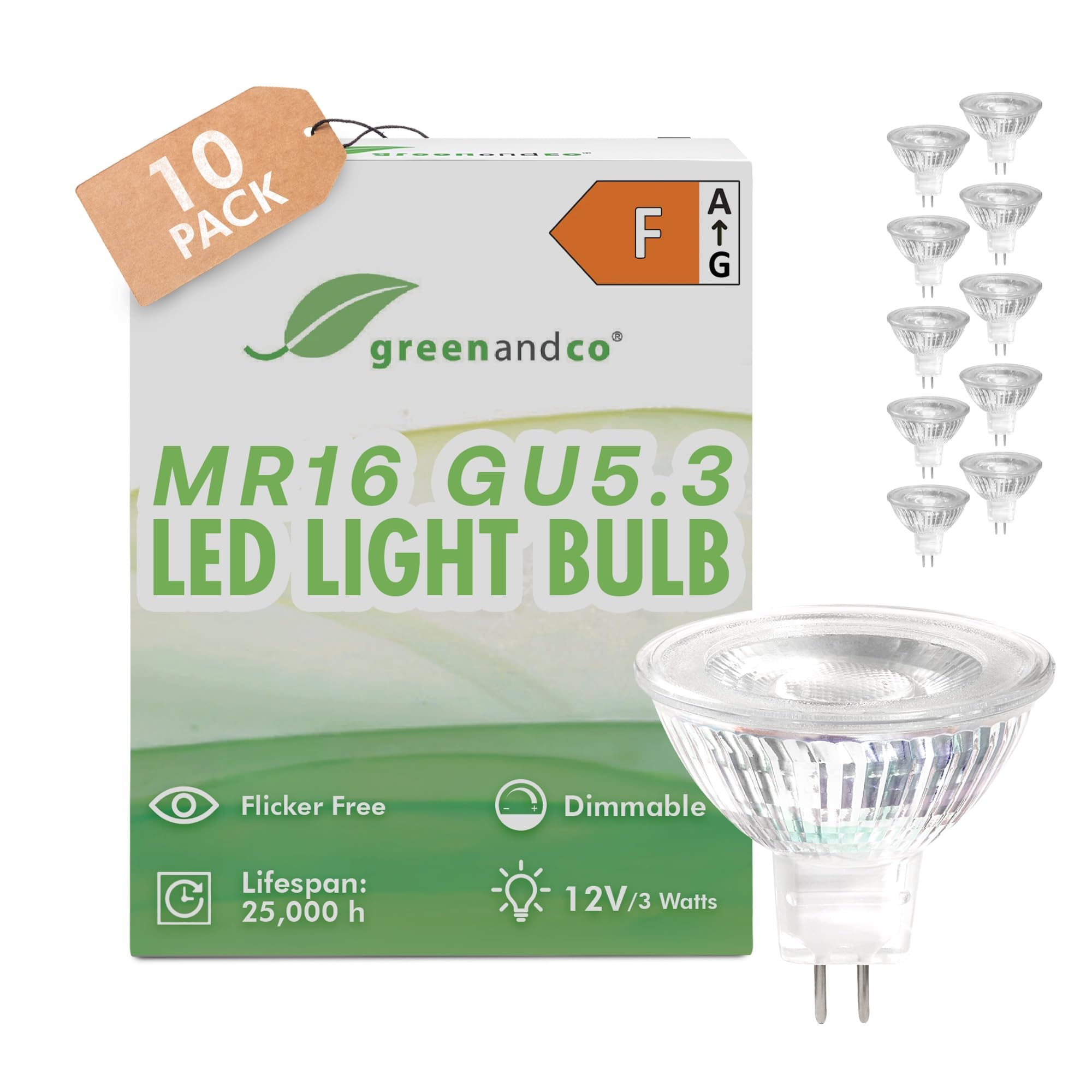 greenandco 10x MR16 GU5.3 | dimmable | Replaces 28W | Warm White 2700K | CRI 90+ | 3W 250 lm | 38° | No Flicker | COB LED Light Bulb | 12V AC/DC — image 1