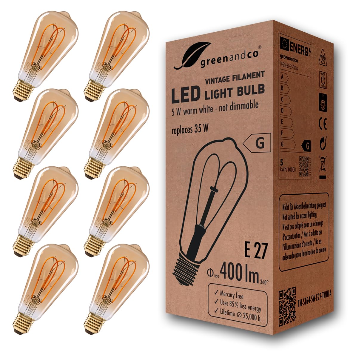 greenandco® E27 ST64 LED Vintage Fflament Bulb 5W Replaces 35W 400lm 2000K Extra Warm White 360° 230V, no Flicker, not dimmable, 8-Pack