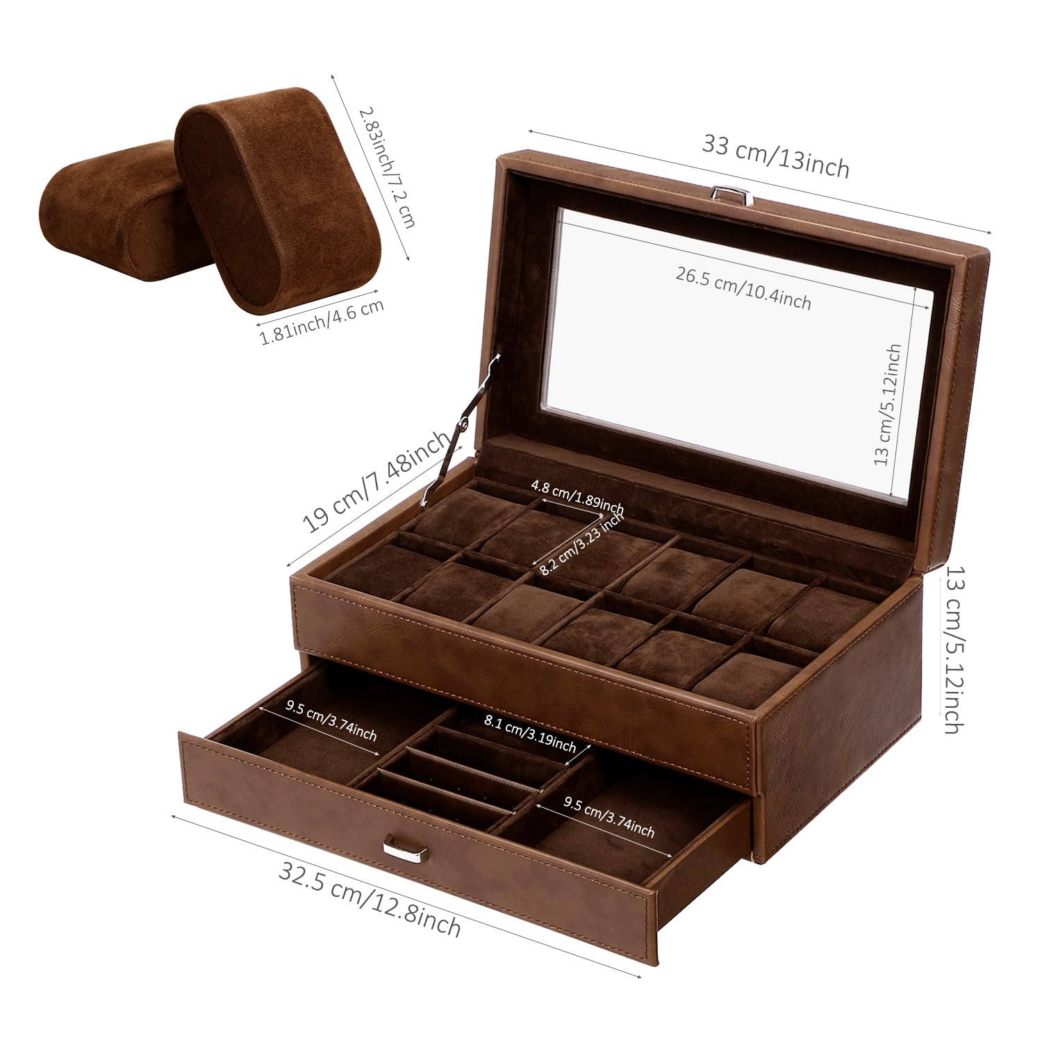 BEWISHOME Watch Box for Men, 12-Slot Watch Case, 2-Layer Watch Case With Drawer, Mens Jewelry Box with Large Glass Lid, Watch Display Case Watch Holder Organizer Watch Storage for Men Women Espresso