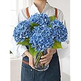 JINWOE Savoy Blue Boho Artificial Hydrangeas Flowers, 4Pcs 20" Real Touch Lifelike Silk Artificial Hydrangeas, Full Fake Flowers for Bouquets Table Centerpieces Spring Wedding Indoor Home