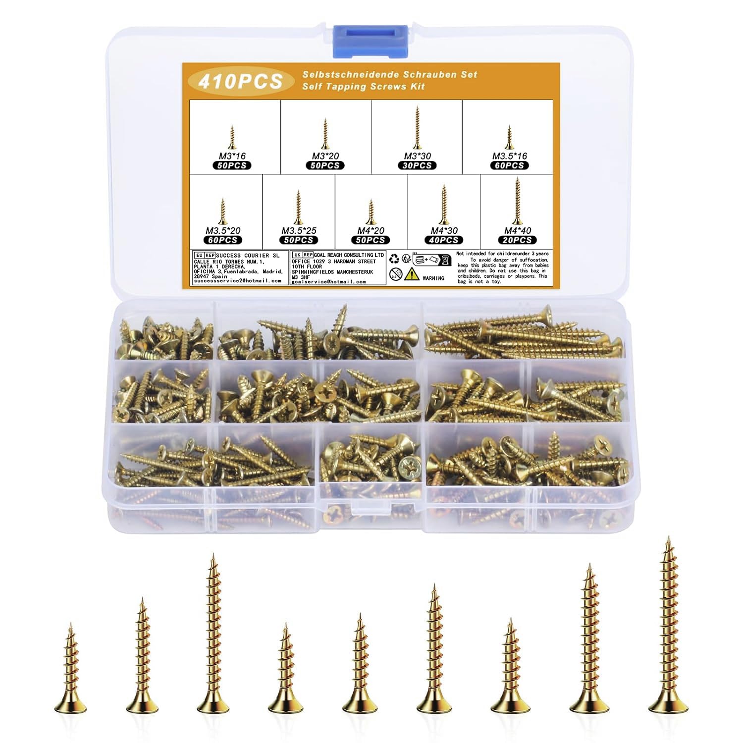 410 Pcs Wood Screws Assortment Kit, M3 M3.5 M4 Countersunk Cross Flat Head Assorted Screw Set, Self Tapping Screws for Plastic Masonry Sleeper Deck Decking Timber Drywall Furniture Fence Screw Kit
