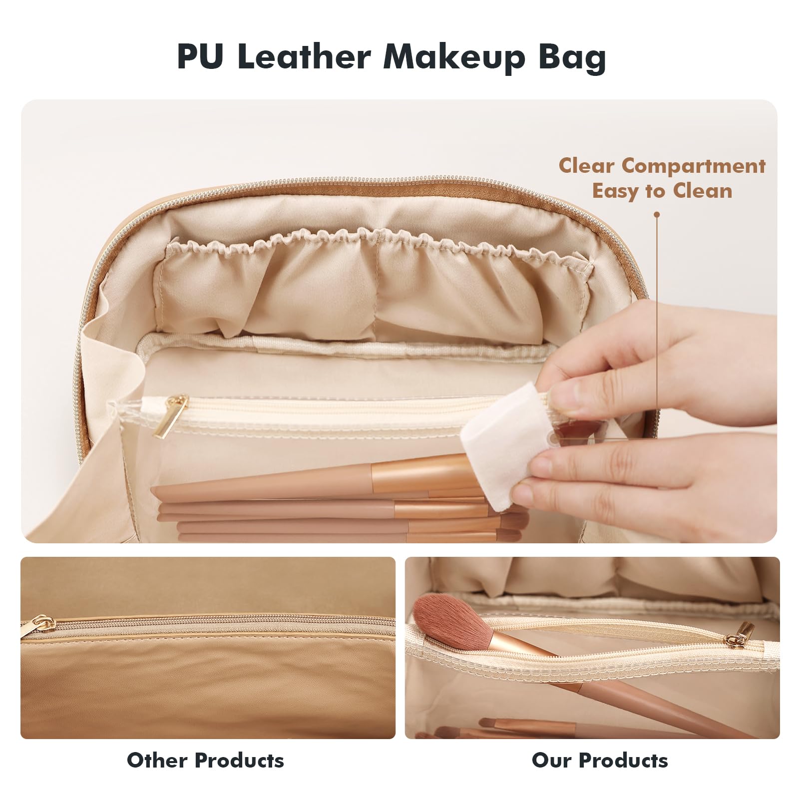Prite Makeup Bag for Women Travel Waterproof Vegan Leather Cosmetic Bag Open Flat Toiletry Bag With Clear Divider and Handle (Beige)
