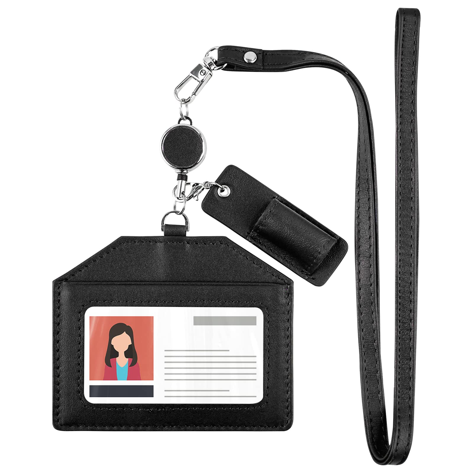 Boshiho Leather Badge Holder, Credit ID Card Holder Name Card Holder with 1 ID Window 2 Card Slot 1 Stretch Neck Lanyard and 1 Pen Holder