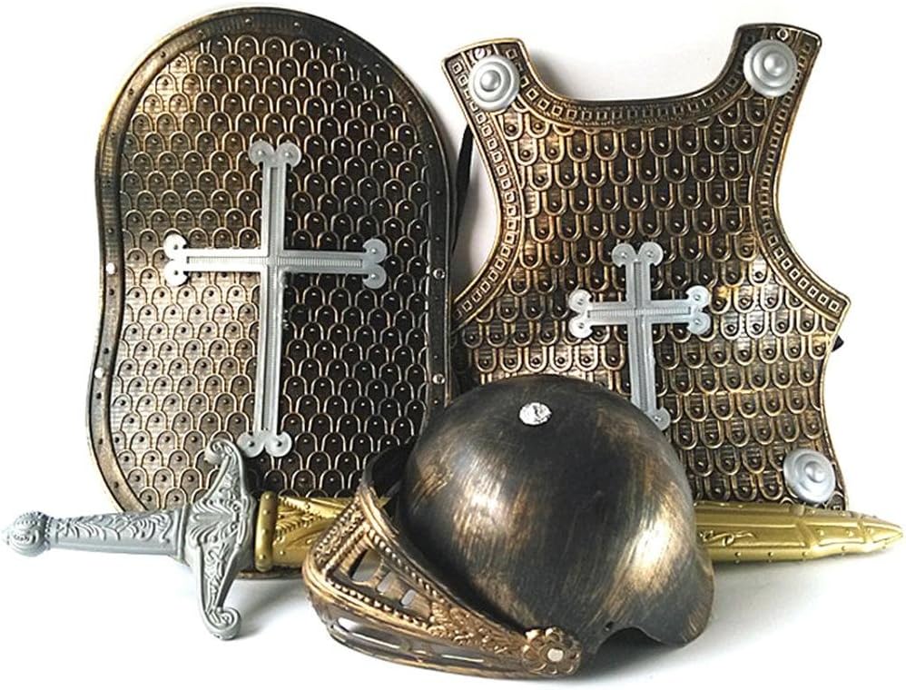 precauti Child's Medieval Knight Armour Set Dress Up Sword Shield Helmet and Chest Plate Knight Role Play Set Armor Clothing Kids Halloween Costume Fancy Dress Up (Age 5-8)