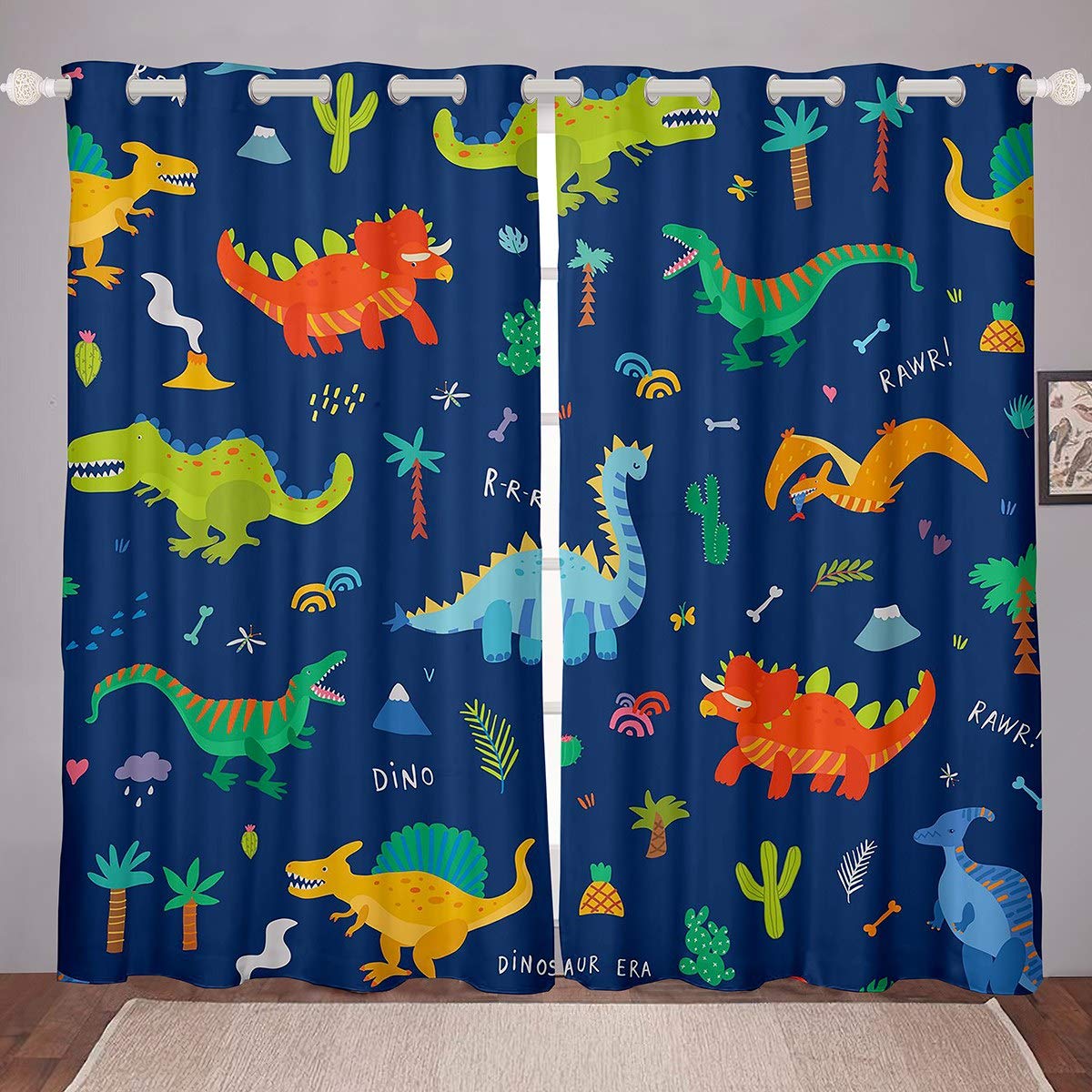 Loussiesd Kids Dinosaur Curtains Cartoon Dinosaur Printed Curtains for Bedroom Living Room for Child Boys Girls Cute Animal Pattern Windows Drapes Children Room Decoration,W66*L72 — image 1