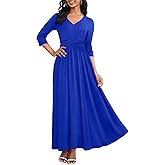 FANDEE Casual Maxi Dress for Women Summer Wtih Pockets 3/4 Sleeve V Neck Elastic High Waist Elegant Pleated A-Line Dresses