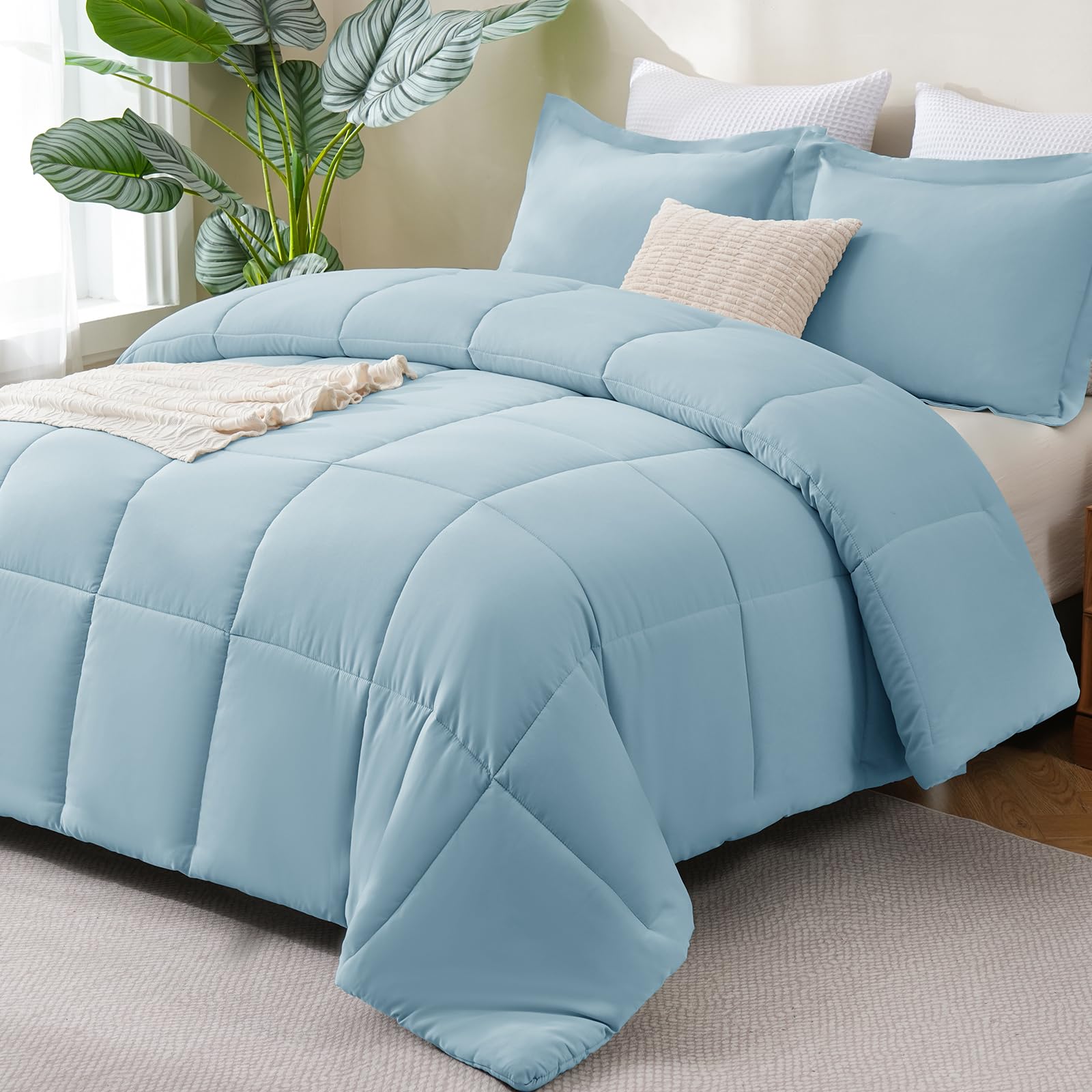 CozyLux King Size Comforter Set - Light Blue Comforter King Size, 3 Pieces Box Stitched Bed Set for All Seasons, Soft Lightweight Bedding Sets with 1 Down Alternative Comforter and 2 Pillow Shams Image
