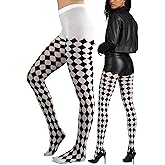 ToBeInStyle Women's Harlequin Checkered Diamond Optical Illusion Opaque Tights Pantyhose - Black & White