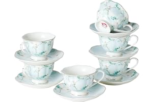 PRECITIME Porcelain Tea Cup and Saucer Set of 6 (12-Piece) – Ceramic 6oz Embossed Floral Cups with Gold Trim, Elegant Set for